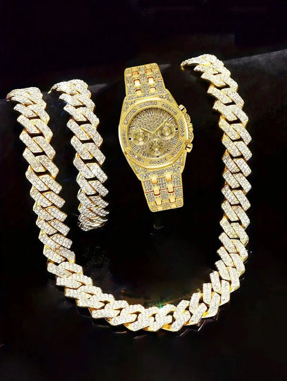 Fashion watch gift set, diamond studded hip-hop watch bracelet necklace set, quartz watch set