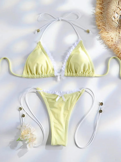 Floral Print Bordered Bikini Set Sexy Swimwear Women 2026 Bikinis Swimsuit Micro Thong Bandage Bathing Suits
