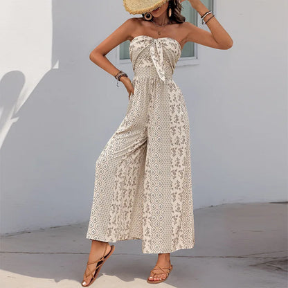 Cotton Rayon Floral Printed Sexy Strapless Jumpsuit Women Casual Bow Boho Beach Summer One Piece Women's Jumpsuits Bohemian