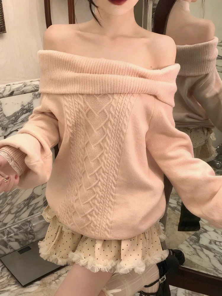 Sweet Daily Streetwear Japanese Women Slim Fit Off Shoulder Knit Jumper Soft Long Sleeve Fashion Pullover Sweater
