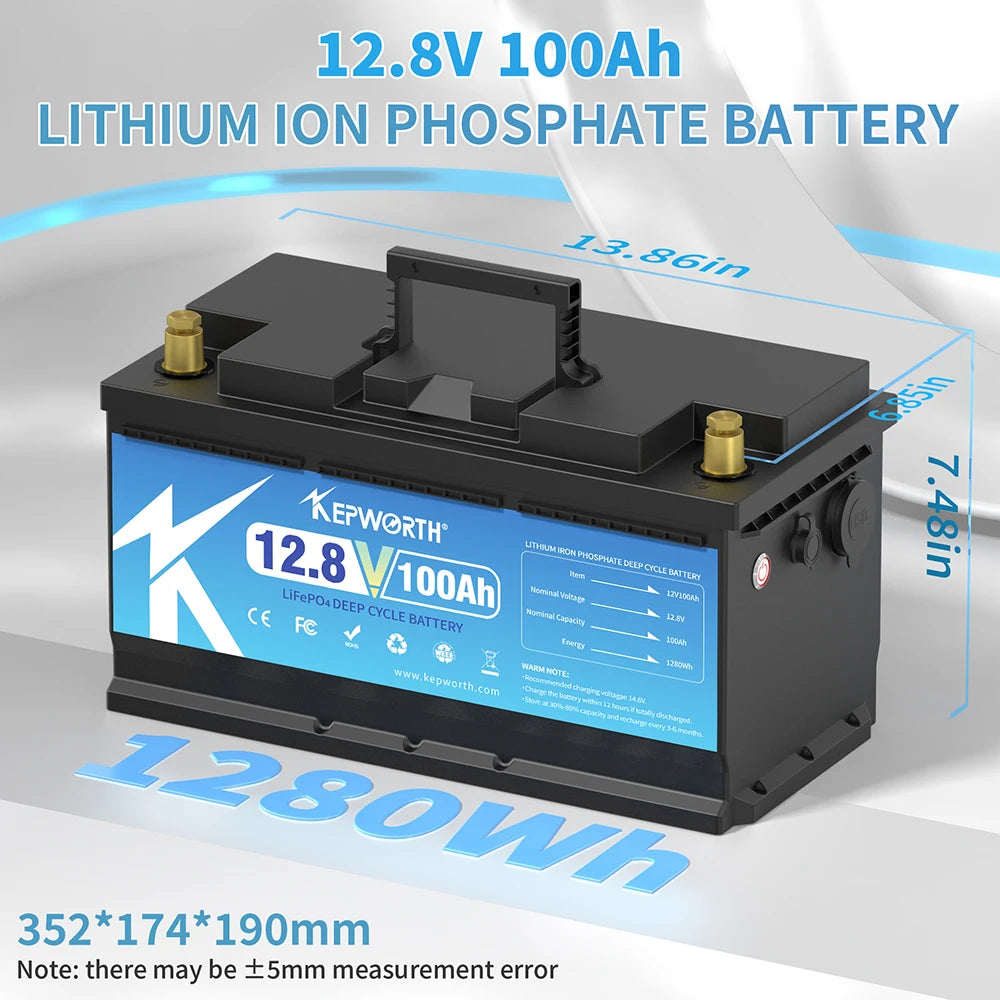 KEPWORTH 12V 100Ah Lithium Iron Phosphate Battery Upgraded BMS 6000 Cycles For RV Campers Golf Cart Off-Road Off-Grid Solar Wind
