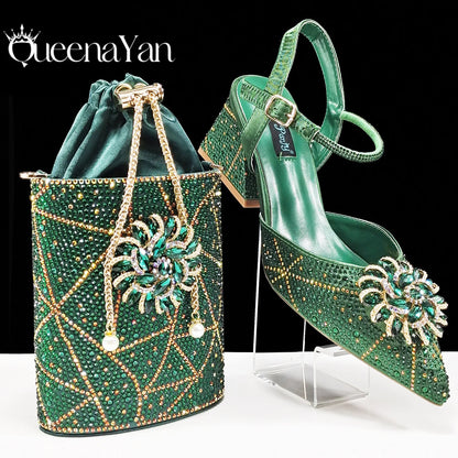 QueenaYan African Ladies Elegant Pointed Toe Shoes with shiny Metal Stand Bag Women Party Shoes or Commuting Shoes and Bag Set