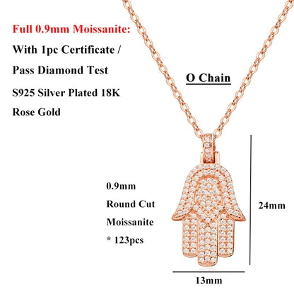 EWYA Hamsa Hand Full 0.9mm Moissanite Pendant Necklace for Woman Men 925 Silver Pass Diamond Test Hip Hop Fine Neck Jewelry Gift