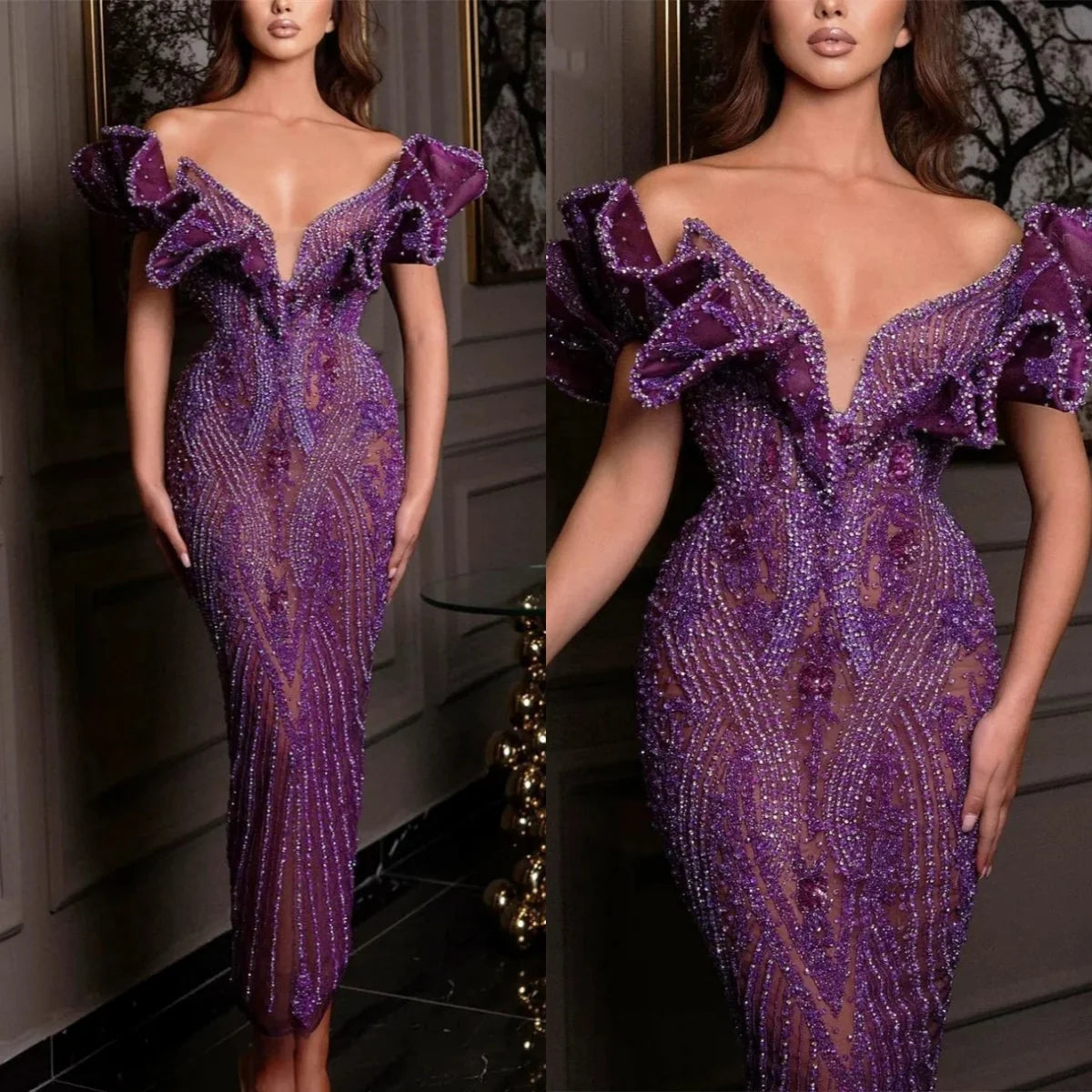 Sexy V Neck Sheath Evening Dresses Beaded Off The Shoulder Party Gown Ankle Length Sequined Prom Dress Customized