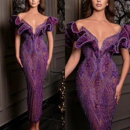 Sexy V Neck Sheath Evening Dresses Beaded Off The Shoulder Party Gown Ankle Length Sequined Prom Dress Customized