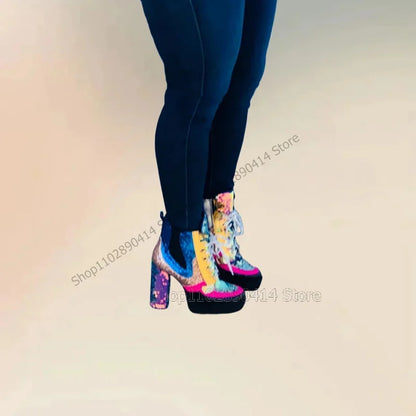 Colorful Sequins Patchwork Round Toe Platform Boots Cross Tied Women Shoes Chunky High Heels Fashion 2025 Zapatos Para Mujere