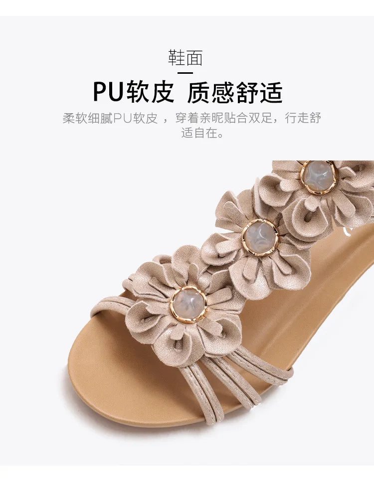 High quality leather flat sandals for women 5cm mid heel flower summer 2026 36 42 open toe vintage beach shoe black pink beige