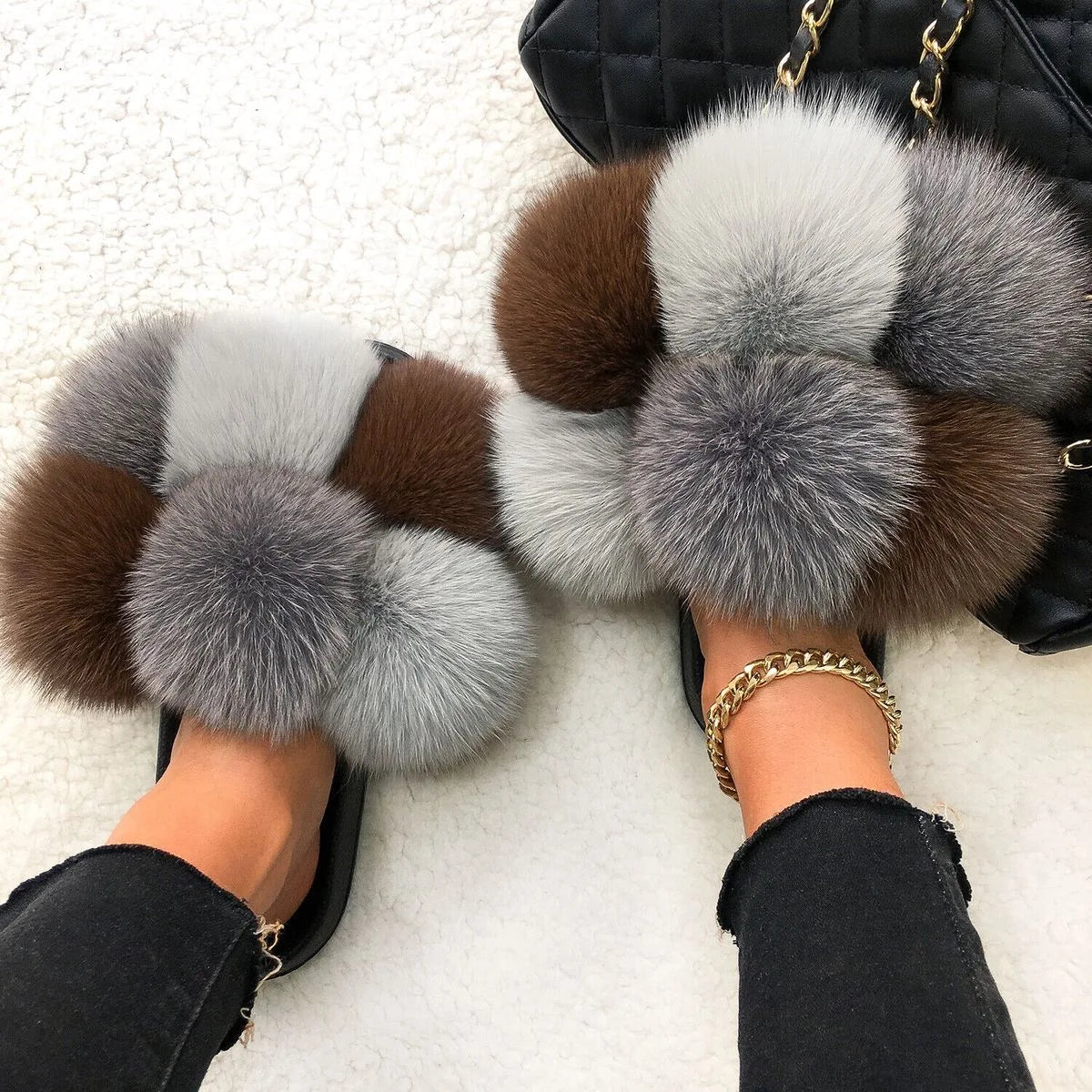 Natural Fox Fur Slippers, Fashionable Outdoor Multi-Color Animal Hair Slippers, Women's Gifts, Soft EVA Sole Slippers, On Trend