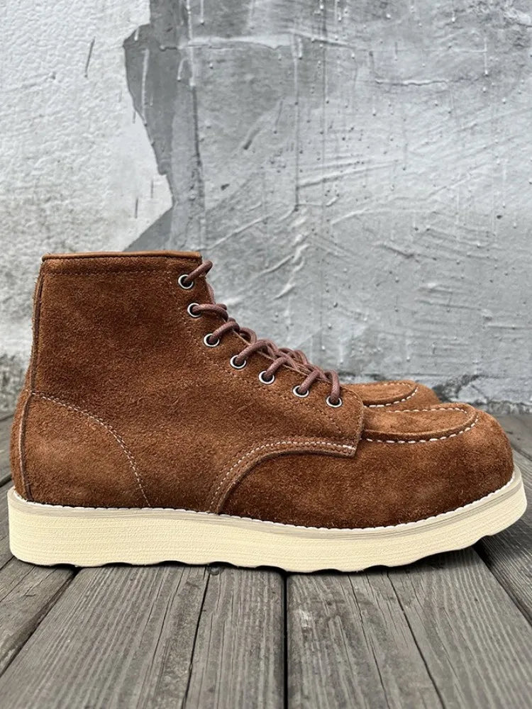 Retro Male Cow Suede Round Toe Hard Wearing Handmade Ankle Boots Leisure Genuine Leather Platform Solid Color Lace-Up Work Shoes