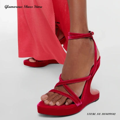 Strappy Velvet Wedges Sandals Women's Round Open Toe Wedges Party Evening Shoes Summer Fashion Buckle Strap Plus Size High Heels