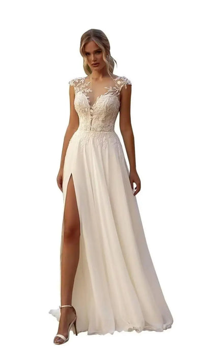 Elegant Chiffon Wedding Dresses for Bride Sheer Neck Illusion Bridal Party Gown with Slit Lace Applique Vestidos De Novia