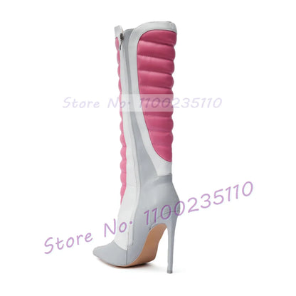 Pink Colorblock Stiletto Mid Calf Boots Women Novelty Pointed Toe Side Zipper Shoes Female Streetwear High Heels Biker Boots