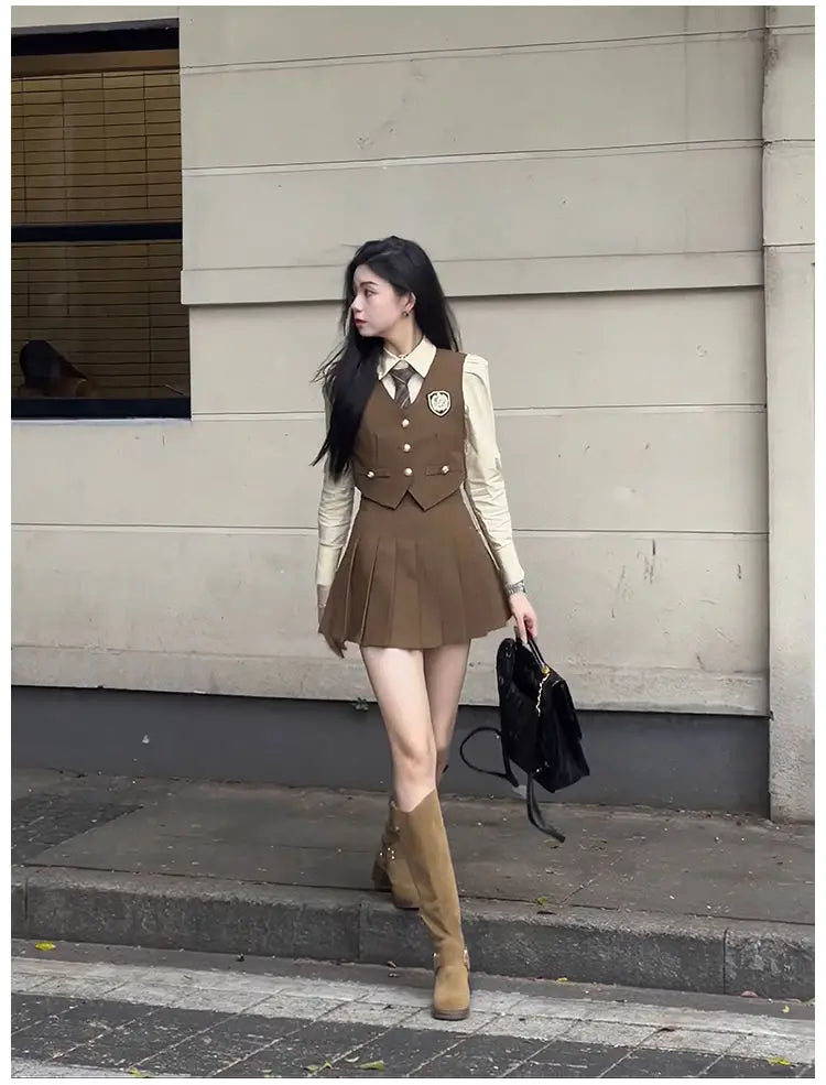 2024 england style uniform jk set suit autumn new suit waistcoat long sleeve shirt pleated skirt fashion three-piece women w753