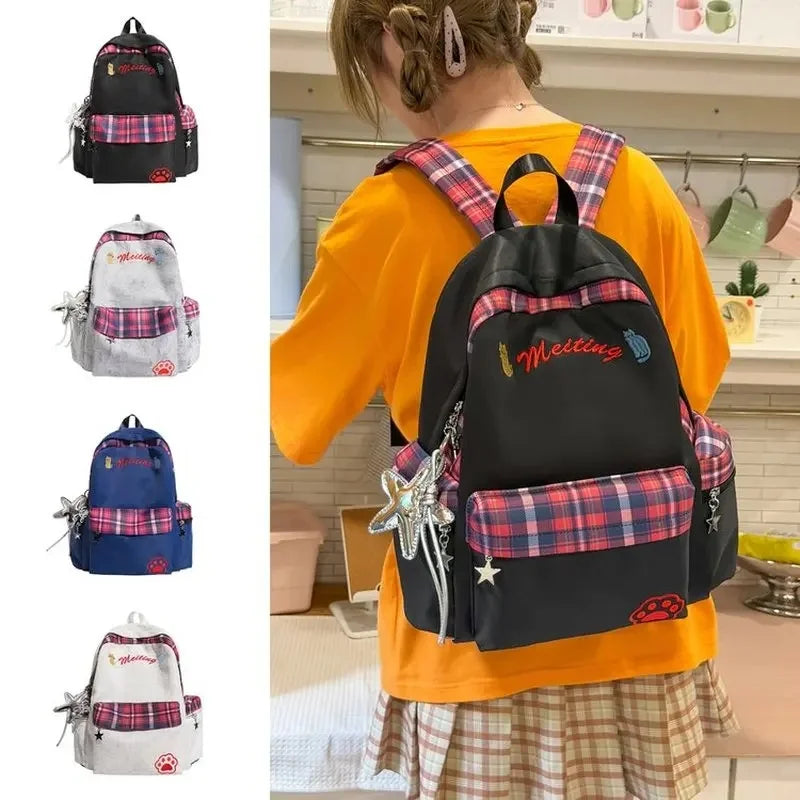 Preppy Style Blue Backpack for Girls, Plaid Spliced School Bag, Cute Nylon Daypack Star Pendant, Large Capacity Student Rucksack