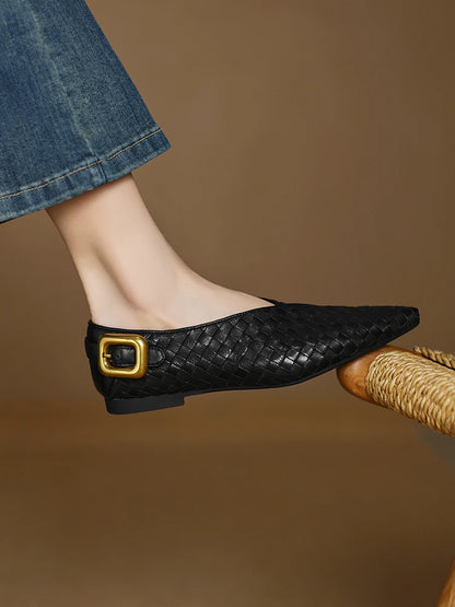NEW 2025 Trend Genuine Leather Splicing Women Flats Spring Autumn Pattern Flat Shoes Lady Leopard Pointed Toe Buckle Style Shoes