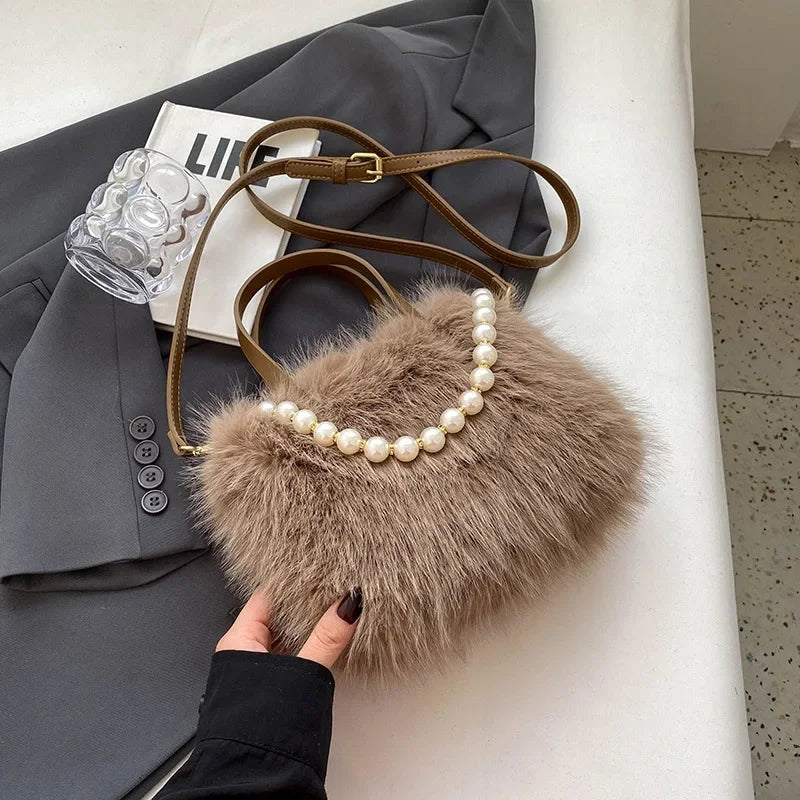 Winter Fashion Faux Fur Crossbody Bags for Women's Gift, Pearl Chain Decor Shoulder Bag, Ladies Handbags Top-handel Bag