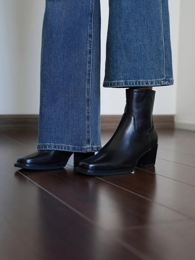 Elegant Office Ladies Chunky Heels Genuine Leather Short Boots Square Toe New Designer Shoes Women Vintage Cowhide Ankle Boots