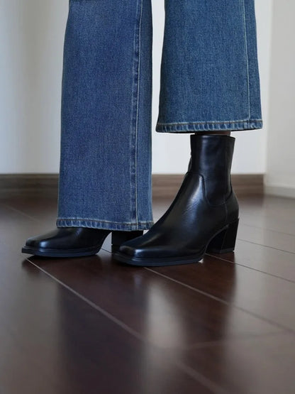 Elegant Office Ladies Chunky Heels Genuine Leather Short Boots Square Toe New Designer Shoes Women Vintage Cowhide Ankle Boots