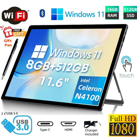 64bit Type-C 11.6 Inch Windows 11 Tablet PC 8GB RAM 512GB SSD ROM N4100 1920X1080 IPS Bluetooth 4.2 Dual Camera 2 X USB 3.0