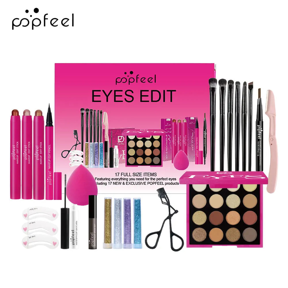 POPFEEL 22-Piece Eye Makeup Set: Includes 16-Color Eyeshadow Palette, Pearl Shimmer, Eyeshadow, Brow Tint, Black Eyeliner