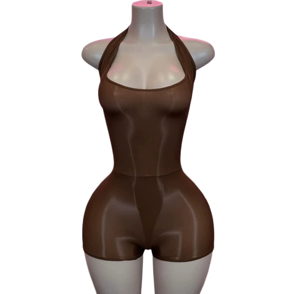 HLJ&GG Sexy Mesh See Though Halter Bodycon One Piece Rompers Women Sleeveless Backless Slim Jumpsuits Fashion Stretchy Overalls