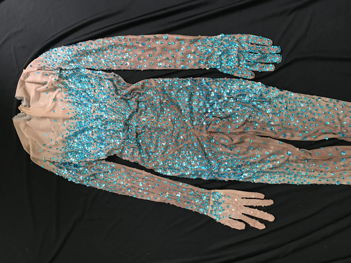 Performance Clothing Nightclub Bar Full Diamond Mesh Long-Sleeved One-Piece Trousers Female Jumping Girl Dancing Team Singer
