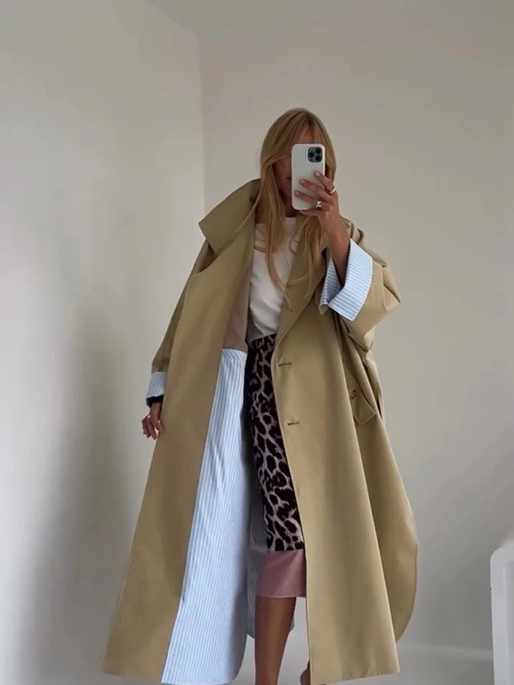 Women Khaki Long Color-block Stripe Trench Coat Wide Lapel Loose Drop Shoulder Blue Lining Slit Windbreaker Commute Outing Coats