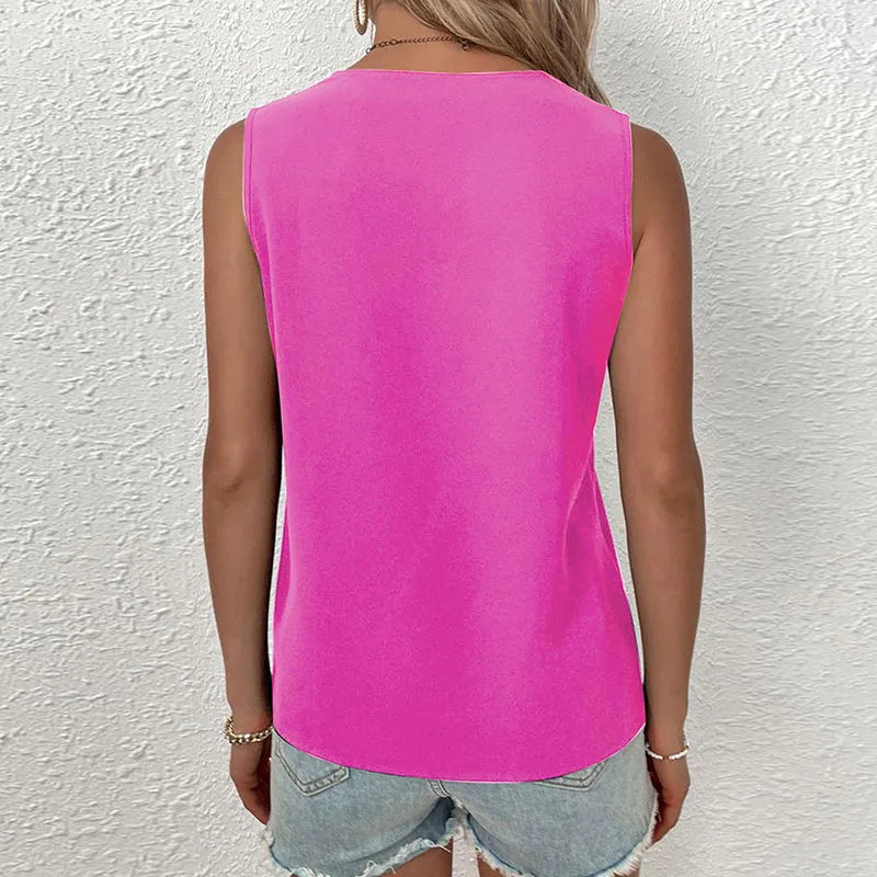 Sleeveless V-neck Lace Parchwork Blouse Women Loose Hollow Out Summer Tee Shirt Casual Streetwear Tsnk Top