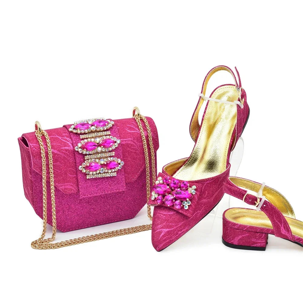 Latest Party Shoes and Bags To Match for Nigerian Elegant Luxury Low Heels Pointed Toe Rhinestone Shoe and Bag Set for Wedding