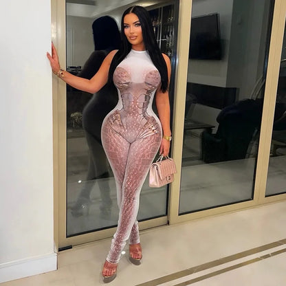 FAGADOER Fashion Scale Printing Patchwork Bodycon Jumpsuits Woman See Through Sleeveless Rompers Female Streetwear Overalls New