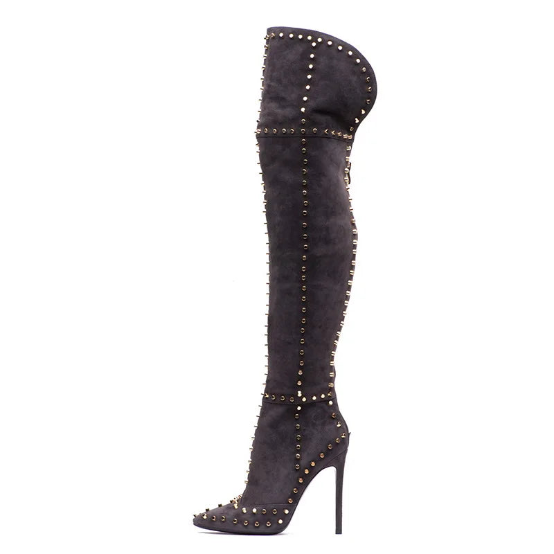 Sexy Green Blue Suede Gold Studs Women Over The Knee Boots Ladies High Heel Thick Slip On Point Toe Rivets Motorcycle Botas