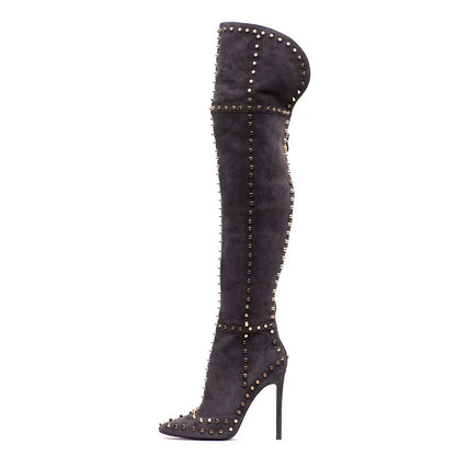 Sexy Green Blue Suede Gold Studs Women Over The Knee Boots Ladies High Heel Thick Slip On Point Toe Rivets Motorcycle Botas