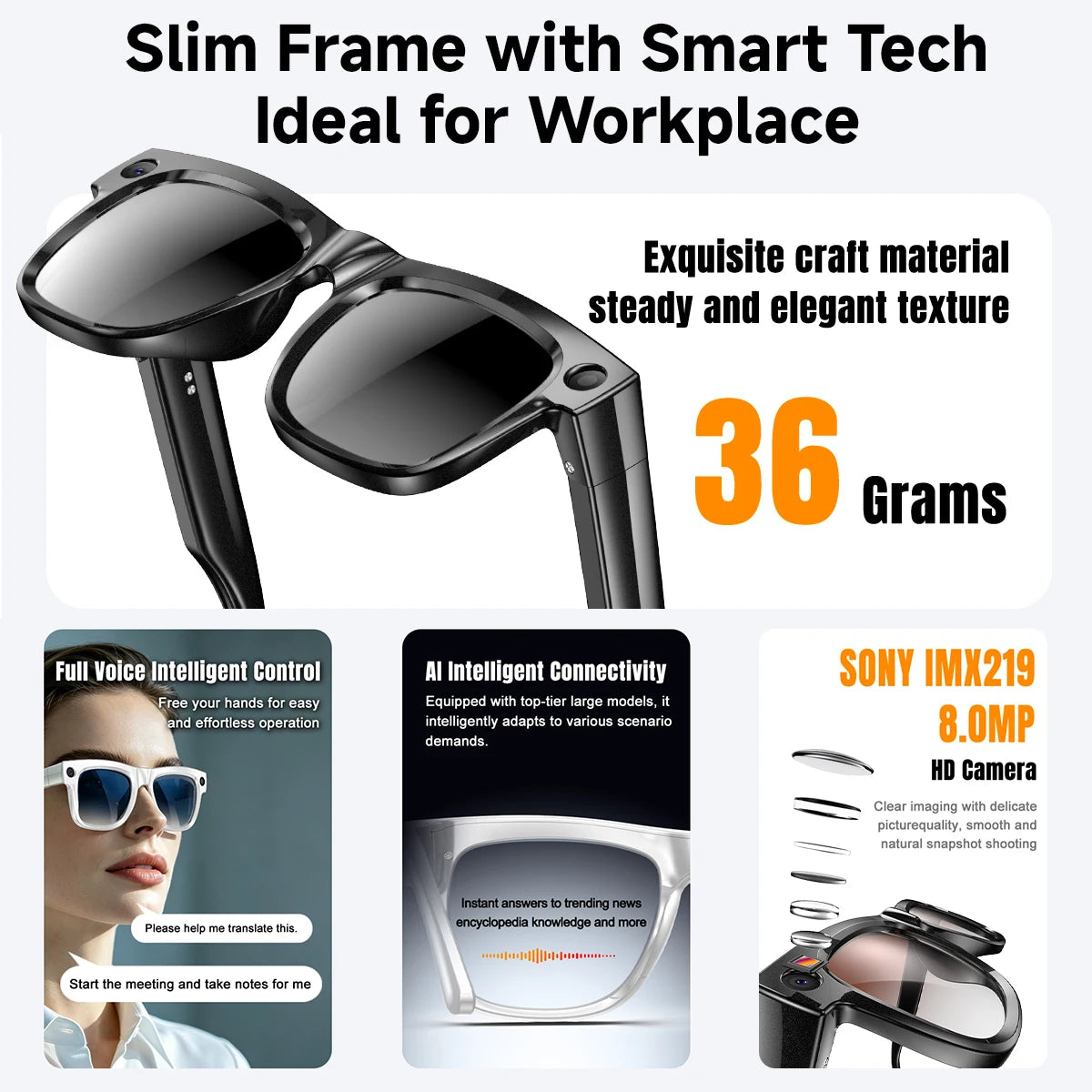 Smart Glasses 800W Pixel Camera Bluetooth IPX4 Waterproof Magnetic Charging Audio Glasses Video Voice Recorder Hands-Free Camera