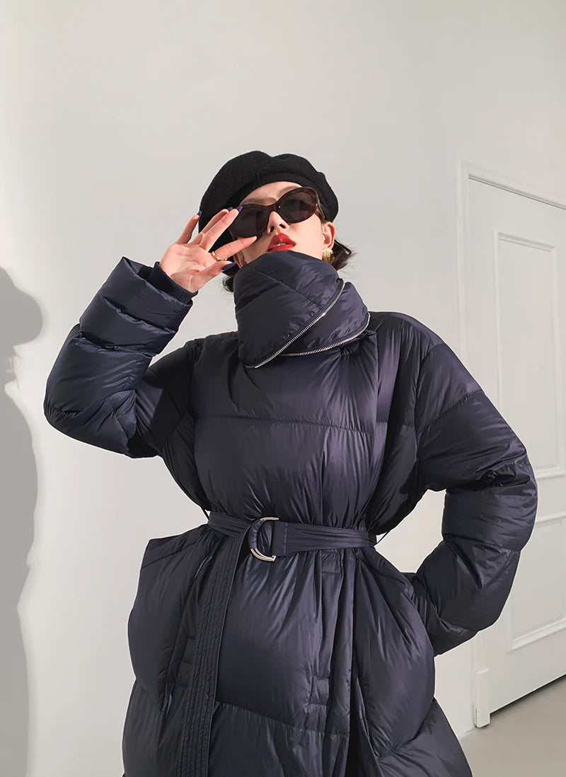 High end Ultra long White goose down Jacket For women Winter 2025 New Fashion Down Coat Female Thicken Parka Overcoat with belt