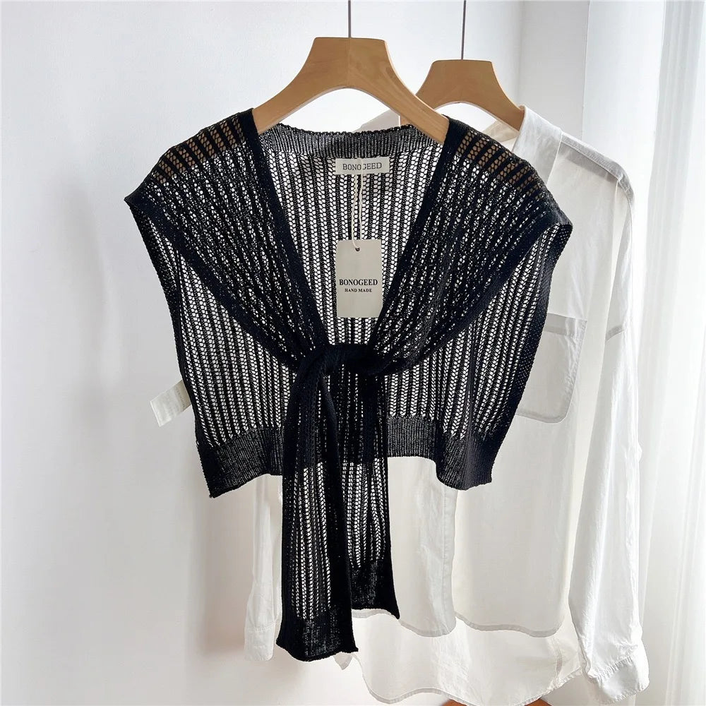 Women Plain Solid Lace Hollow Out Shawls Summer Air Conditioning Fake Collar Neck Guard Knit Thin Knotted Cape Shoulder Scarves