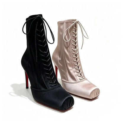 Women Square Toe Lace‑Up Ankle Booties Stiletto High Heels Platform Fashion Party Nightclub Ladies Dress Shoes Zapatos Mujer