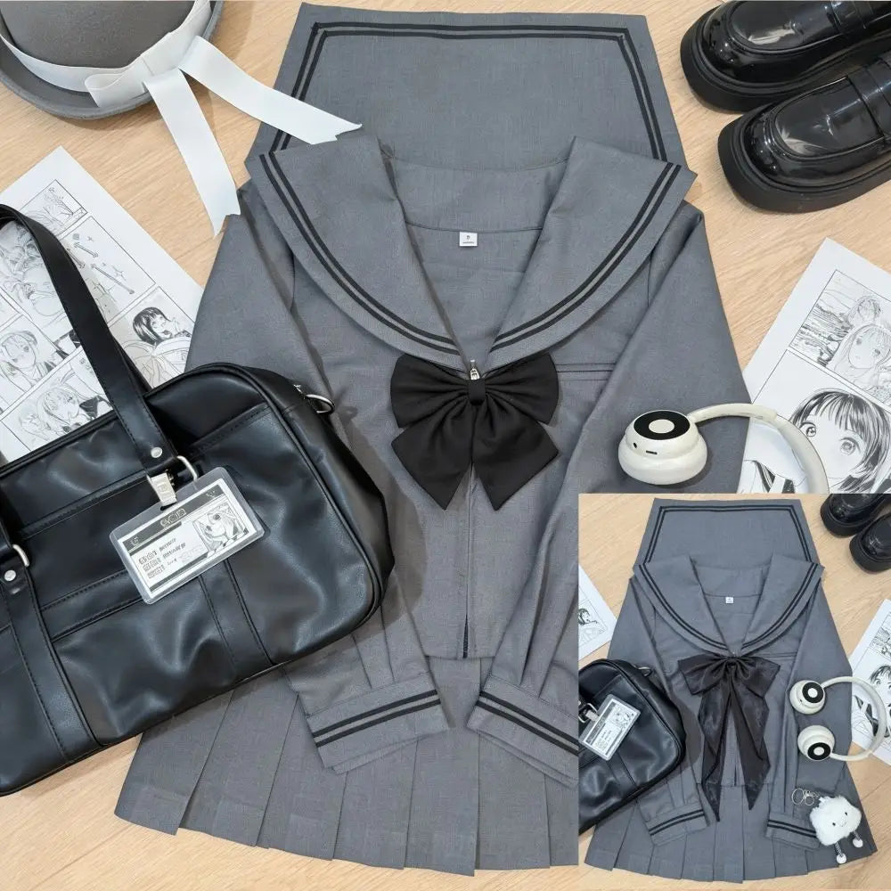 Basic Grey Sailor Suit Set, School Uniform, Preppy Style, Short-sleeved, Long-sleeved, and Short-skirted.
