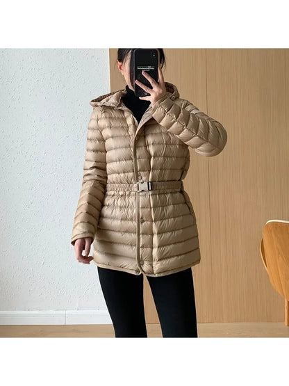 2025 Autumn Winter Luxury Lightweight Short Slim 90% White Duck Down Jacket Women Hooded Detachable Sash Warm Down Coat Fashion