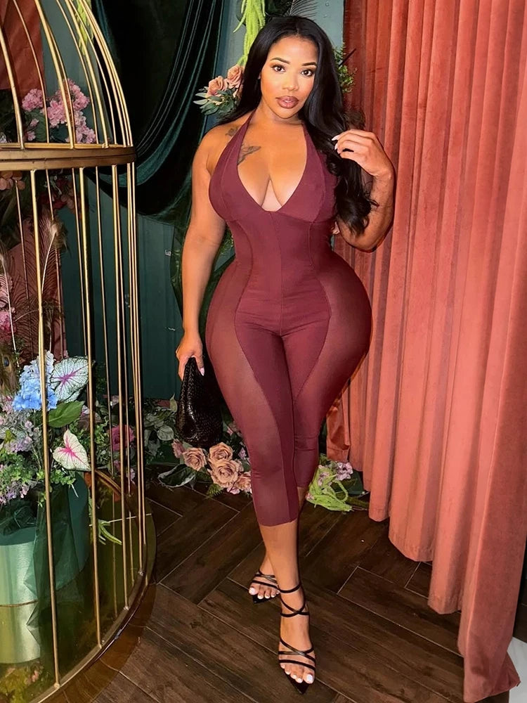 Sisterlinda Fashion Playsuits Woman Mesh Patchwork Halter Low-Neck Backless Skinny Peach Hip Hot Girls High Street Sexy Rompers