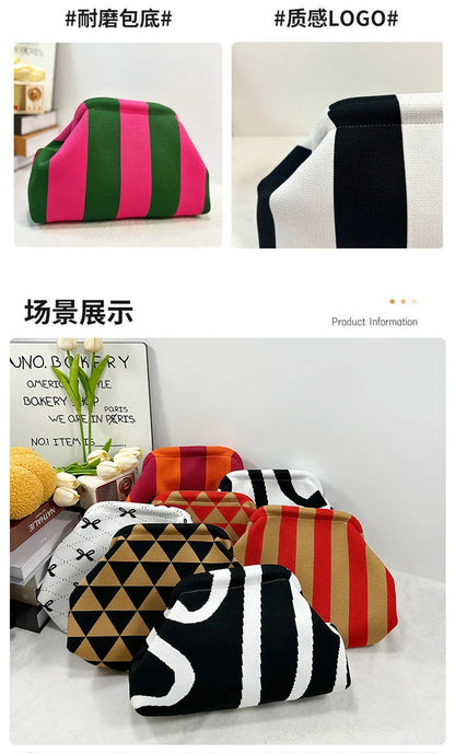 Woven Crochet Handbags for Women Summer Beach Clutch Bag Purses Knitting Dumpling Clutch Ruched Cute Cloud Casual Colorblock Bag
