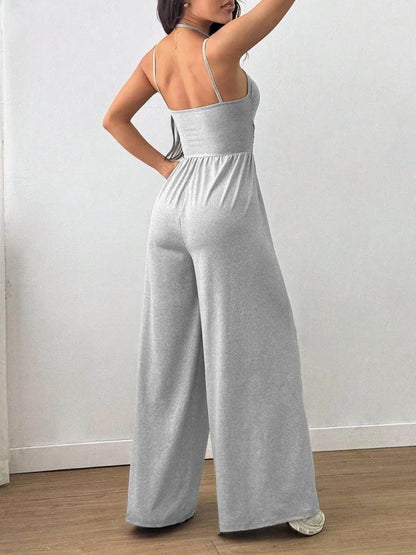 Spaghetti Strap Jumpsuit Square Neck Ruched Waist Wide Leg Long Pant Outfit For Women Daily Travel Outdoor Casual Lounge Stylish Garment