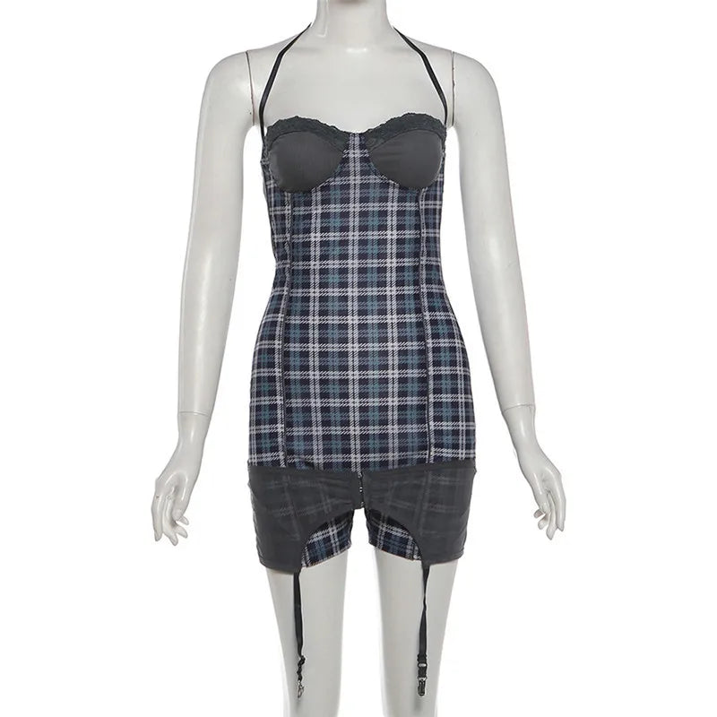 SylCue Plaid Patchwork Playsuits Woman Summer Trend Halter Wrap Chest Backless Shape Waist High Street Fashion Style Rompers