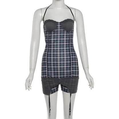 SylCue Plaid Patchwork Playsuits Woman Summer Trend Halter Wrap Chest Backless Shape Waist High Street Fashion Style Rompers
