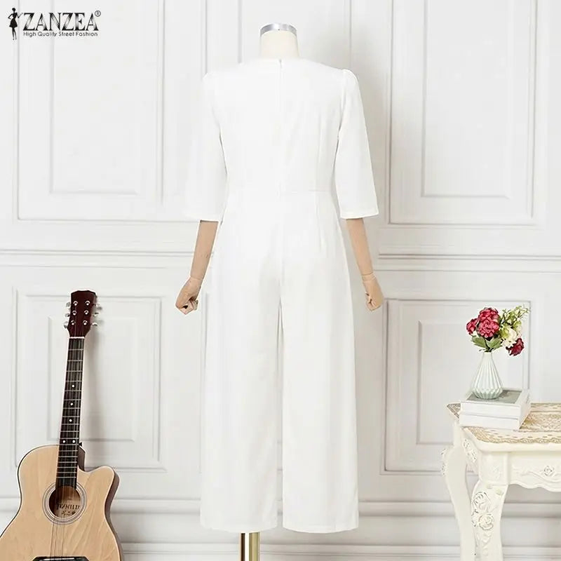 ZANZEA OL Work Party Women Jumpsuits Solid Color Summer 3/4 Sleeve Sevy V Neck Rompers Solid Playsuits Wide Leg Pants Streetwear