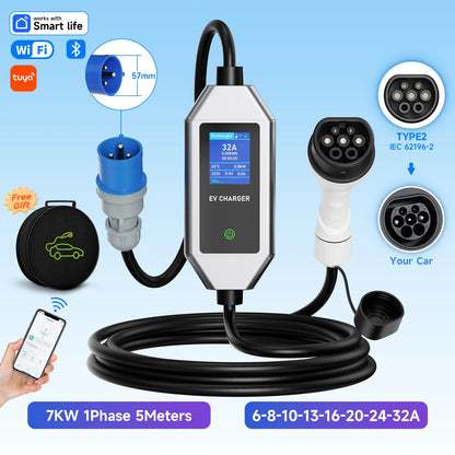 Portable EV Charger 7KW Fast Charging Cable Type2 IEC62196-2 32A with CEE Plug Type1 J1772 WiFi APP Bluetooth Remote Control