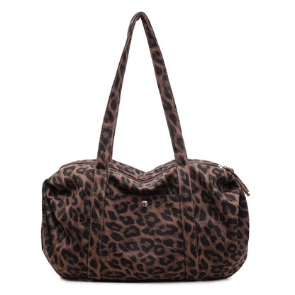 Trendy Leopard Print Canvas Shoulder Bag Large Capacity Fashion Tote Handle Bag for Daily Commute Versatile Texture Storage Bags