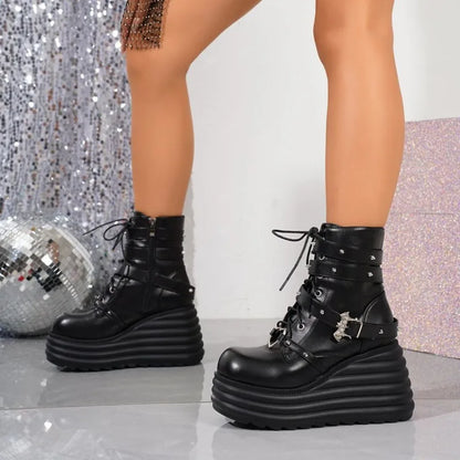 Women's Ankle Boots Round Toe High Platform Wedge Heel Lace-Up Side Zipper Gothic Punk Style Studded Strap Chunky Footwear 2026