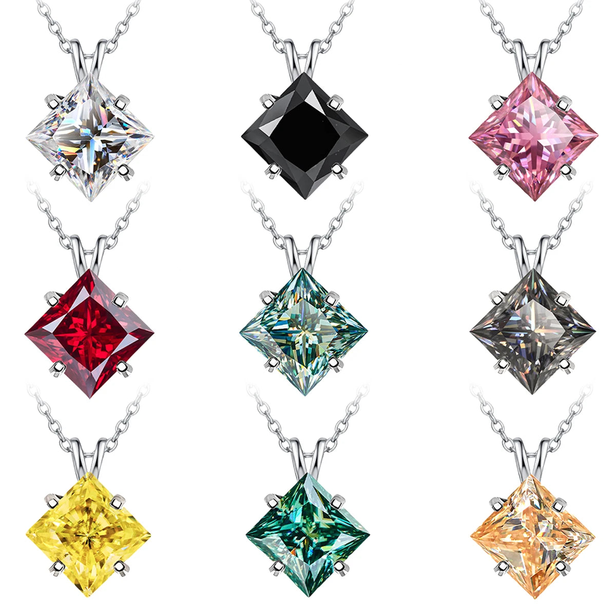 BOCARMAN S925 Sterling Silver Necklace with Colorful Princess Cut Moissanite Inlay Clavicle Chain Pendant for Women Gift