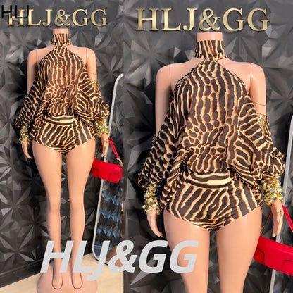 HLJ Women Zebra Print Halter Romper Cold Shoulder Flared Long Sleeve Loose Chiffon Jumpsuit + Shorts Casual Beach Summer Outfits