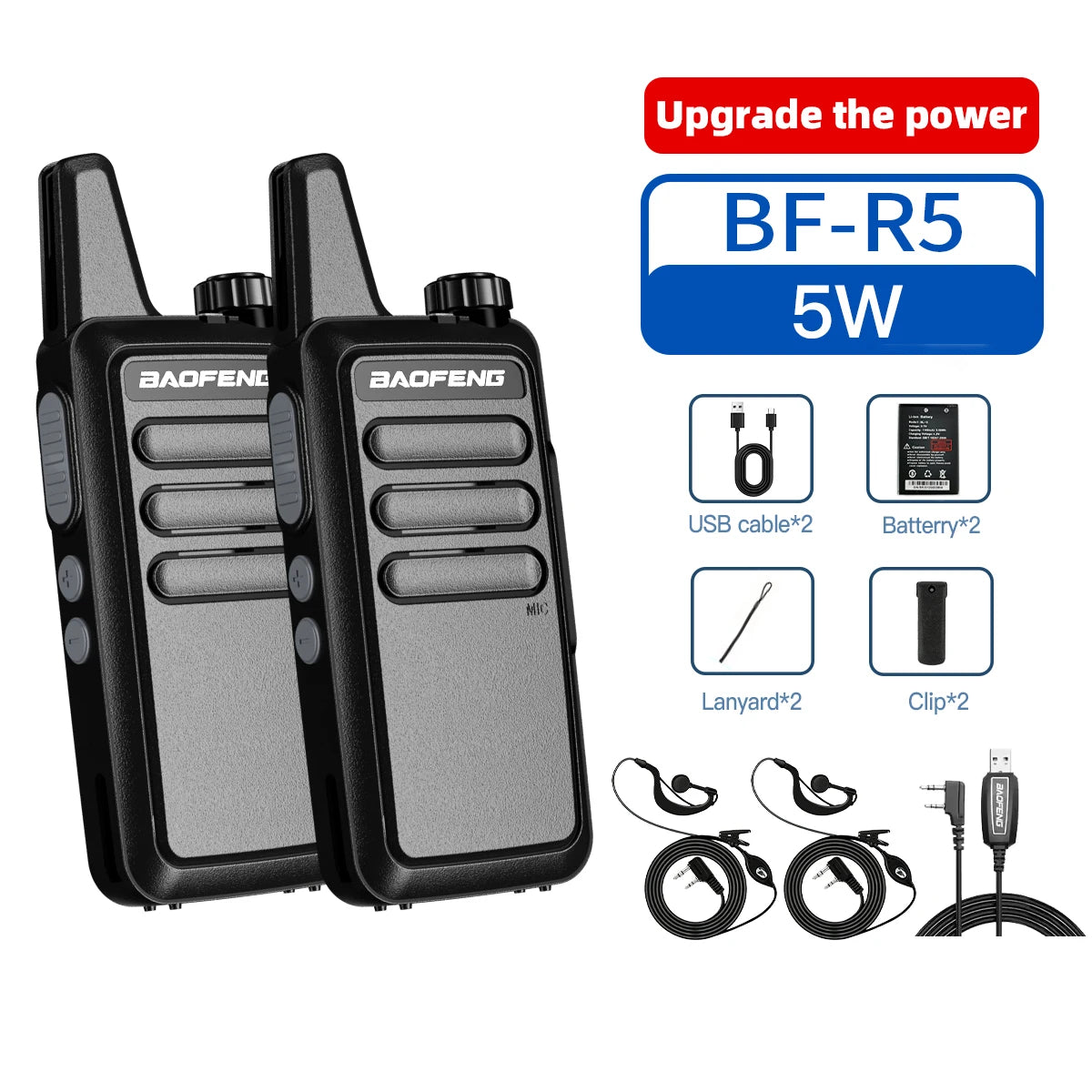 2Pcs Baofeng BF-5R Portable Handheld Walkie Talkie FM Radio VHF/UHF Dual Band 5W Transceiver for Construction Camping